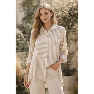 Soft Surroundings Tan Button-Up Shirt Sz PM Lagenlook Sharkbite Hem Cottagecore